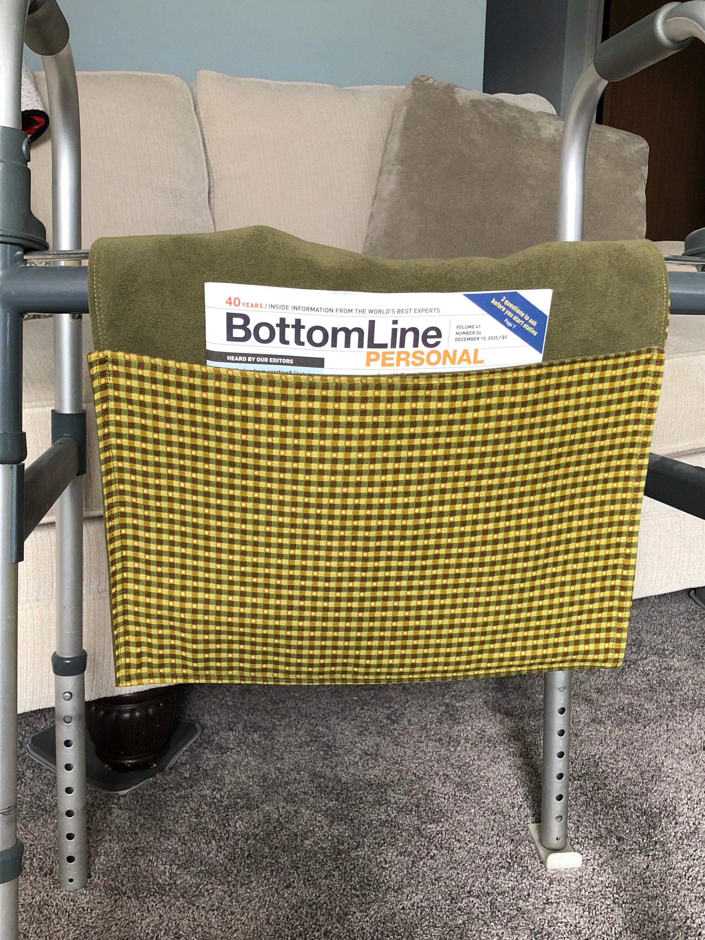 Green Check Walker Tote: Three-Pocket Wheelchair Bag Accessory
