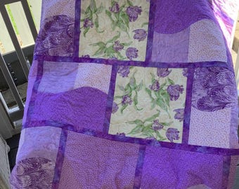 Purple green quilt - gold patchwork quilted throw - cream floral garden decor