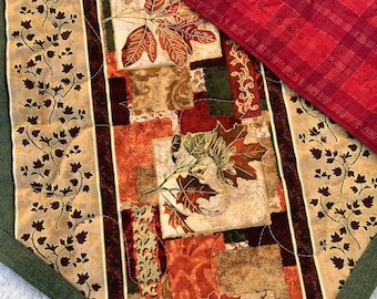 Fall Leaf Table Runner: Reversible Red Plaid Christmas Topper Quilted (55" x 16")