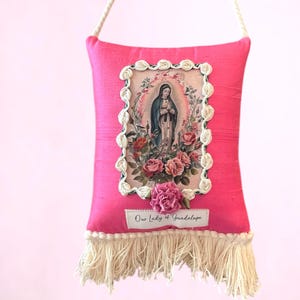 Our Lady of Guadalupe Lavender and Rose Scented Pink Silk  Hanging sachet pillow, Virgen de Guadalupe ,Quinceanera favor