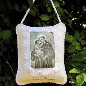 Religious Devotional Gift - Saint Anthony Scented Hanging Pillow in White Linen Gift Pillow Sachet, St. Anthony Divine Grace Sachet