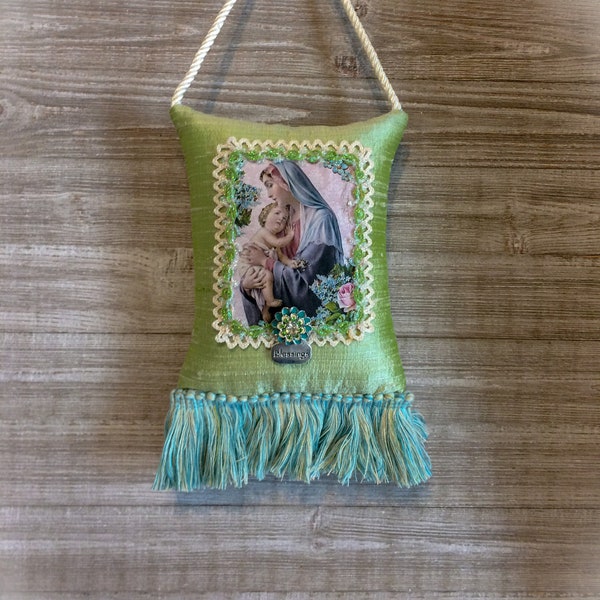 Madonna and Child scented hanging sachet,Virgin Mary Pillow, green silk Decorative  Scented Sachet...Mothers Day Gift..religious pillow..