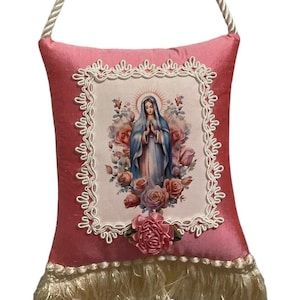 Praying Virgin Mary Scented Hanging sachet, Coral Peach Silk Pillow Catholic Home Wall Art - Religious Gift for Her