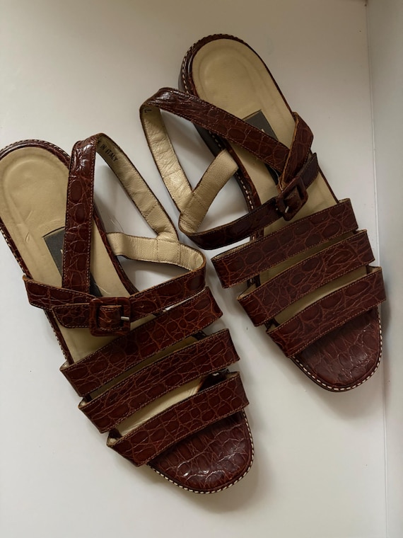 Bally, Vintage Bally Brown Croc Embossed Leather Slingback Sandals | Italian Designer Flats