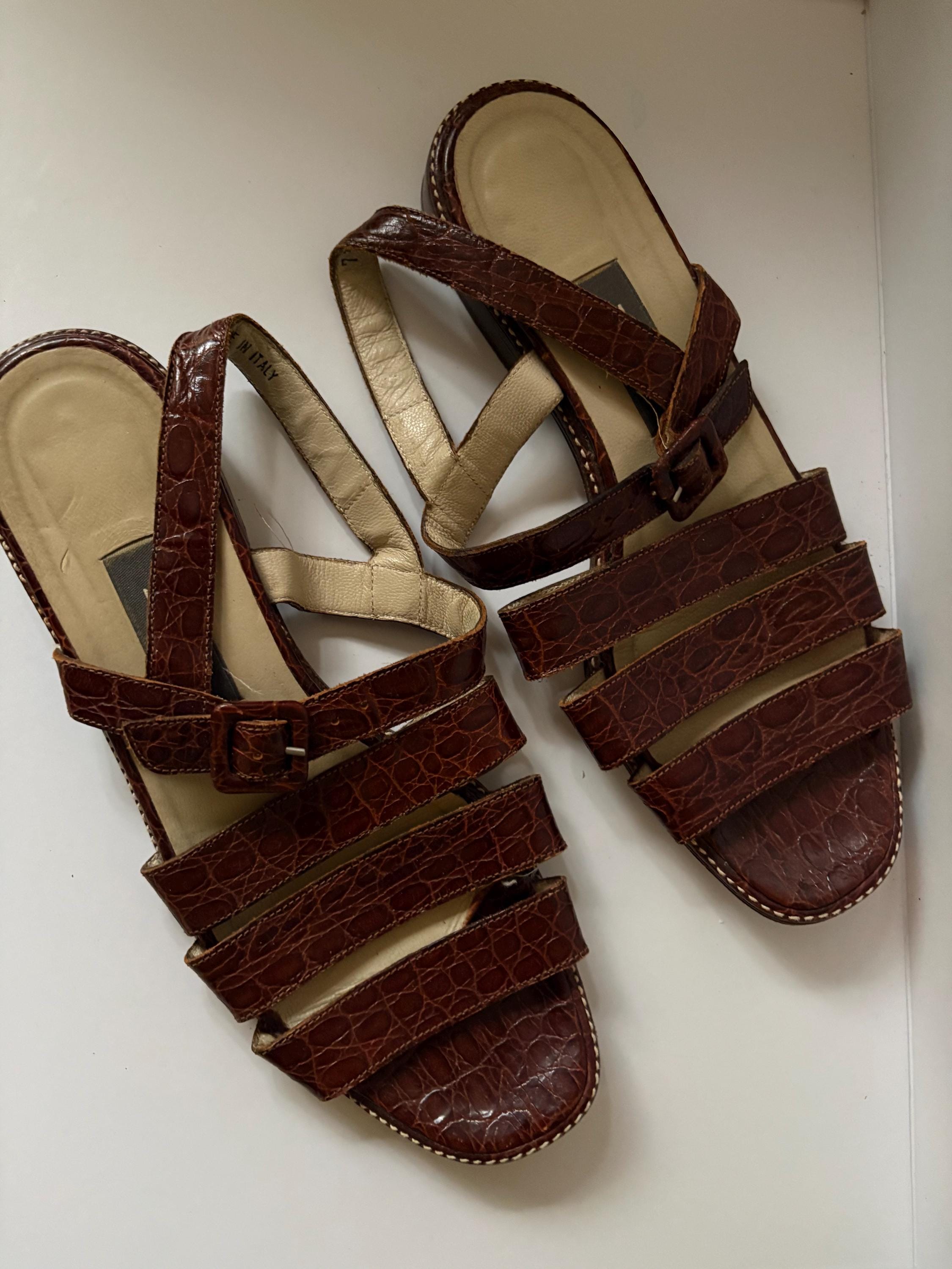 Bally, Vintage Bally Brown Croc Embossed Leather Slingback Sandals | Italian Designer Flats