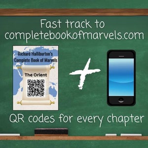 Può includere: Una lavagna verde con il testo "Fast track to completebookofmarvels.com". Un segno più bianco è disegnato sulla lavagna. Una copertina di libro con il titolo "Richard Halliburton's Complete Book of Marvels" e un codice QR sono mostrati sul lato sinistro della lavagna. Uno smartphone con uno schermo blu è mostrato sul lato destro della lavagna. Il testo "QR codes for every chapter" è scritto sotto la copertina del libro e lo smartphone.