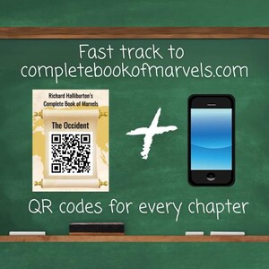 Può includere: Una lavagna verde mostra il testo Fast track to completebookofmarvels.com e QR codes for every chapter. Presenta un grafico di una pergamena con un codice QR etichettato The Occident e uno smartphone nero con uno schermo blu.