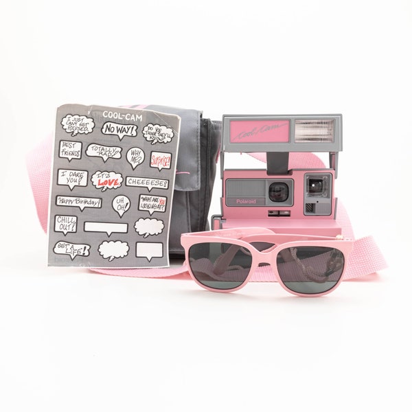 Polaroid 600 Rosa y Gris Cool Cam con pegatinas soft Case Gafas de sol como nuevas
