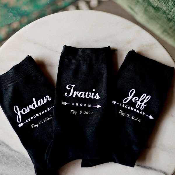 Groomsmen Wedding Socks, Personalized and Custom Printed Men's Dress Socks, Mens Wedding Party Socks, Customized with Wedding Date and Name