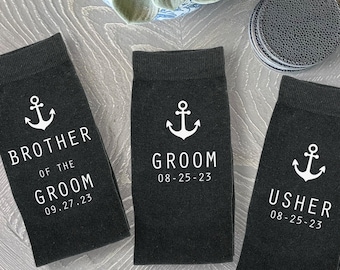 Groomsmen Gift of Personalized Socks, Nautical Anchor Design on Wedding Socks with Wedding Date and Role, Fun Socks for the Wedding Party