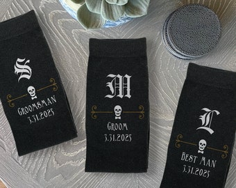 Customized Groomsmen Socks, Gothic Theme Wedding, Groomsman Gift, Personalized Wedding Socks, Custom Wedding Gift with Goth Skull Design