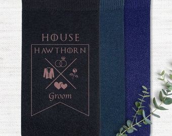 GOT Personalized Groomsmen Socks, Game of Throne Inspired Wedding Banner, Groomsman Socks with Wedding Role and Name with House Banner