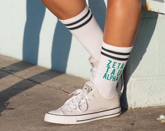 Sorority Name with Color Block Letters Printed on Striped Crew Socks, Great for Bid Day and Recruitment