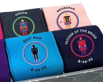 Personalized Comic Book Inspired Wedding Socks, Personalized Super Hero Groomsmen Socks, Custom Wedding Socks for HIm, Wedding Party Gift