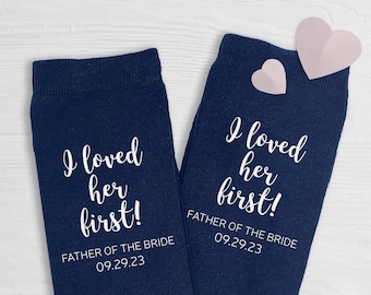 Father of the Bride Personalized Gift Socks, Special Socks for Father of the Bride Mens Wedding Socks,Navy Dress Socks for Dad, Wedding Date