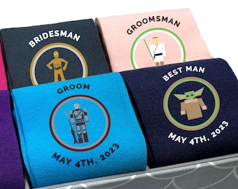 Fun Personalized Wedding Socks with Star War Inspiration, Customized Groomsmen Socks, Personalized Space Theme Wedding, Gift for Groomsman