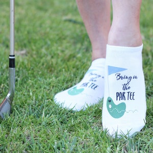 These stylish white cotton no show footie socks custom digitally printed with bring on the par tee golf design make the perfect tournament tee gifts or party favors or just wear them when you golf and show them off around the country club!