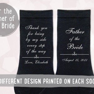 Custom Father of the Bride socks are one of the most popular designs in our wedding line and add the perfect personal touch to your wedding day. Personalized with the wedding date, these socks will be a memorable keepsake in your dads sock drawer.
