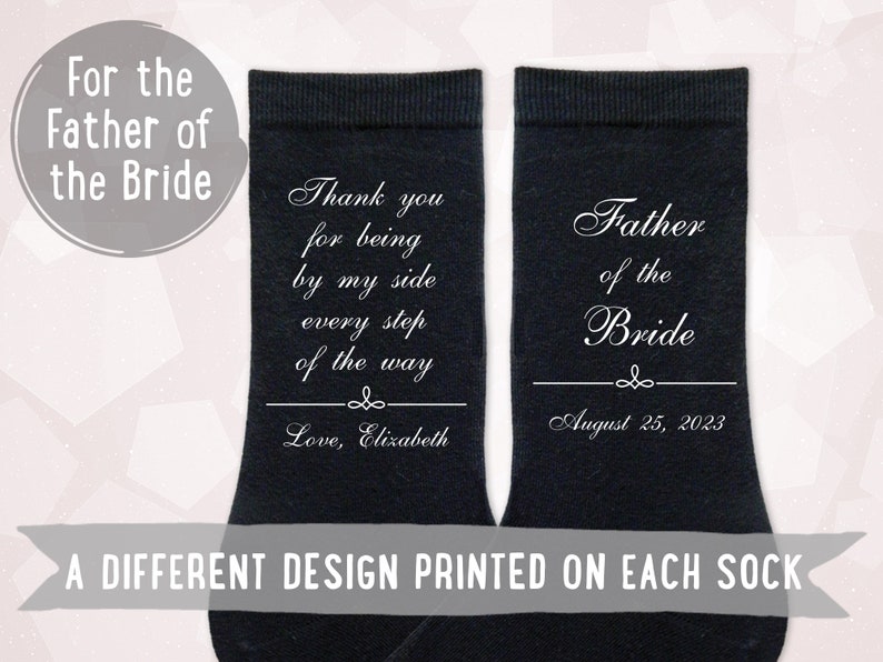 Custom Father of the Bride socks are one of the most popular designs in our wedding line and add the perfect personal touch to your wedding day. Personalized with the wedding date, these socks will be a memorable keepsake in your dads sock drawer.