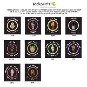 Customized wedding party dress socks inspired by star wars, you select the character, personalized with your wedding date and wedding role make a great gift for the groomsmen.