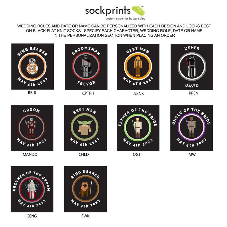 Customized wedding party dress socks inspired by star wars, you select the character, personalized with your wedding date and wedding role make a great gift for the groomsmen.