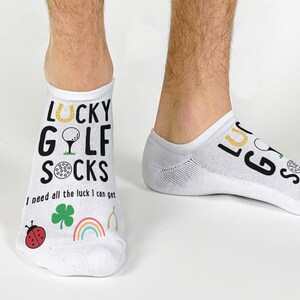 These cotton blend 1/2 cushion no show socks are digitally printed on the top of the socks with a funny lucky golf sock design. Fun golf socks with cotton comfort, keeping feet happy through a round of golf.