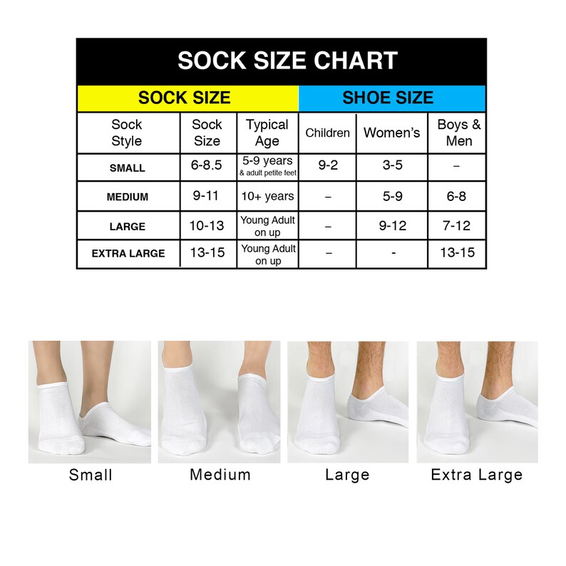 Sock sizing chart with available sock sizes for our cotton no show socks with custom printed design and personalized with your photo.