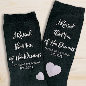 Father of the groom wedding socks personalized with the wedding date custom printed on flat knit dress socks make a great wedding gift for the father of the groom.