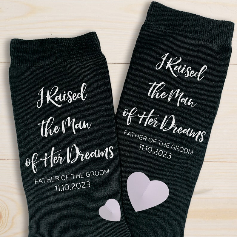Father of the groom wedding socks personalized with the wedding date custom printed on flat knit dress socks make a great wedding gift for the father of the groom.