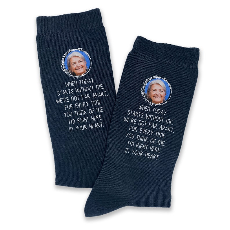 Custom printed in memory of remembrance memorial photo socks digitally printed on the side of the flat knit dress socks.
