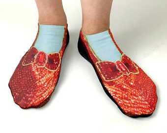Fun Socks with Ruby Slippers Printed on No Show Socks, Ruby Slipper Novelty Sock, Fun Socks for Wizard of Oz Fan, Dorothy Ruby Slipper Socks
