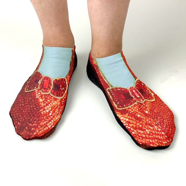 Fun Socks with Ruby Slippers Printed on No Show Socks, Ruby Slipper Novelty Sock, Fun Socks for Wizard of Oz Fan, Dorothy Ruby Slipper Socks