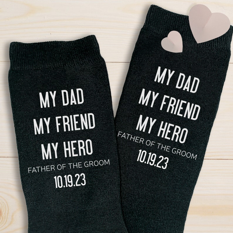 Custom printed father of the groom wedding socks digitally printed with your name and wedding date on flat knit dress socks.