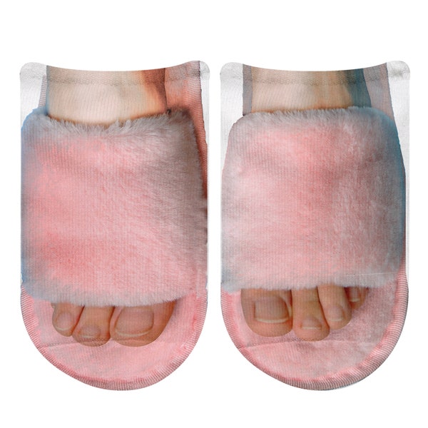 Women’s No Show Socks Printed with Pink Furry Slipper Photos, Novelty Slipper Socks for Her, Fun Gift Idea for Her