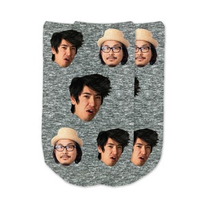 The faces on this design are printed in a pattern on the top of the socks so it will be seen on the top of the foot when worn.  Use people or pet faces for a pair of awesome custom printed socks.  One large face surrounded by four smaller faces.