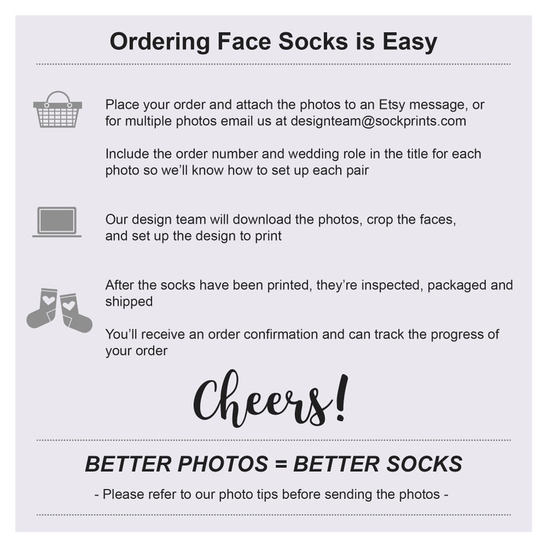 We take a basic pair of no show socks and turn them into one-of-a-kind custom printed socks! Upload a photo of a favorite person or pet and our design team will crop their face to digitally print in the pattern shown in this listing.