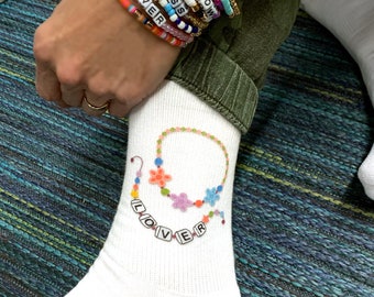 Friendship Bracelet Socks Inspired by Eras Words, Fun TS Socks for Bestie, Cute Swift Lover Socks