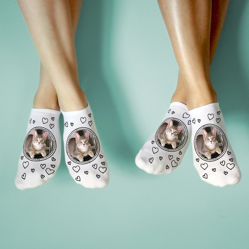 Custom pet photo socks personalized with your photo printed on white cotton no show socks for the pet lover make a fun gift, use photos of people or animals.