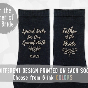 Custom Father of the Bride socks are one of the most popular designs in our wedding line and add the perfect personal touch to your wedding day. Personalized with the wedding date, these socks will be a memorable keepsake in your dads sock drawer.
