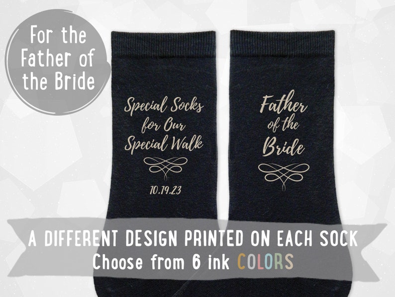 Custom Father of the Bride socks are one of the most popular designs in our wedding line and add the perfect personal touch to your wedding day. Personalized with the wedding date, these socks will be a memorable keepsake in your dads sock drawer.