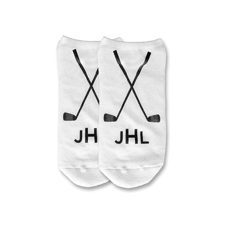 Comfy custom printed and personalized with your name or initials these golf theme design digitally printed in ink on white cotton no show footie socks make the perfect tee tournament gifts.