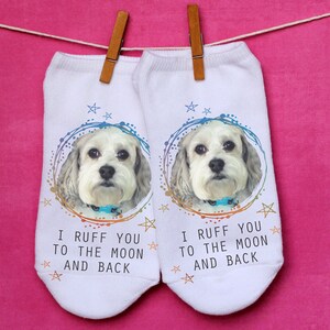 Fun personalized pet photo socks you select the design and customize with your own photo and we will print them on white cotton no show socks.