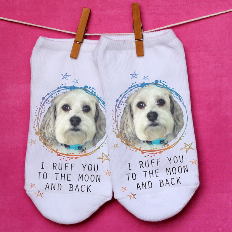 Fun personalized pet photo socks you select the design and customize with your own photo and we will print them on white cotton no show socks.