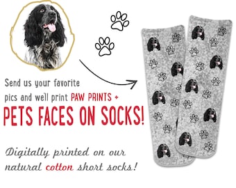 Custom Cat and Dog Face Photos with Paw Print Design, Personalized Short Crew Socks Printed with Your Pets Face, Custom Photo Gifts