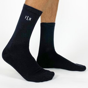 The comfy flat knit dress socks custom printed with monogrammed initials digitally printed in ink on the sides of the socks makes the perfect groomsmen gift or favors at your bachelor party or just wear them to your wedding and dance the night away!