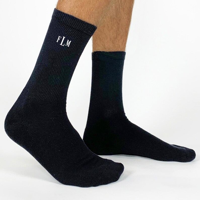 The comfy flat knit dress socks custom printed with monogrammed initials digitally printed in ink on the sides of the socks makes the perfect groomsmen gift or favors at your bachelor party or just wear them to your wedding and dance the night away!