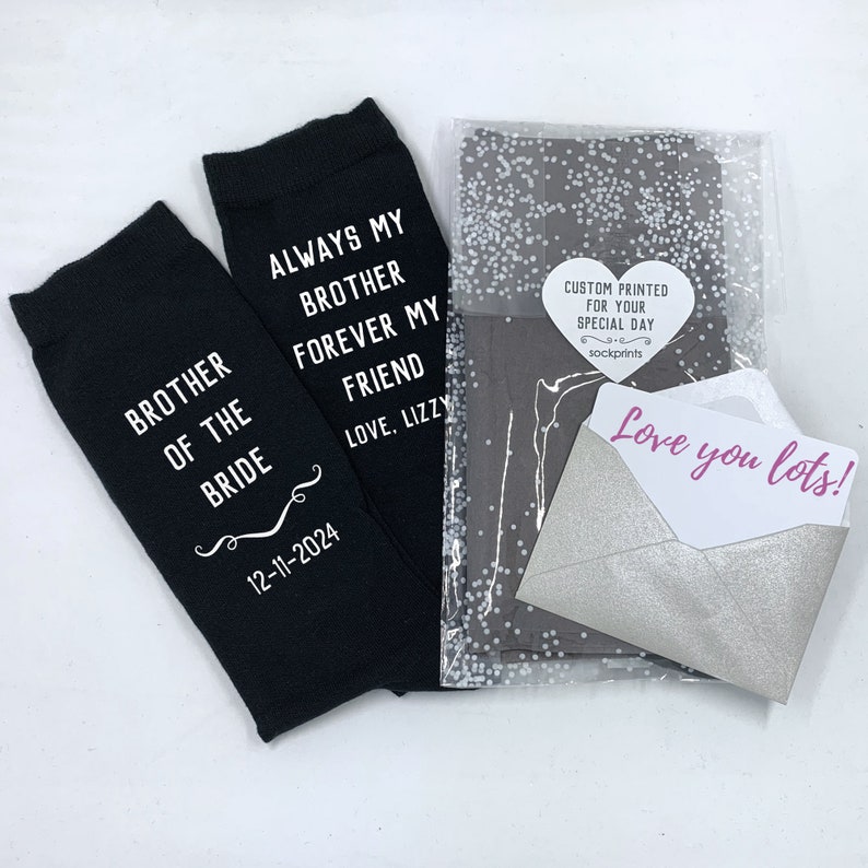 A fun brother gift from the bride for the wedding day from the with love wedding collection of designs this custom printed design personalized with your wedding date make a customized gift that will last through the years, wear on the special day.