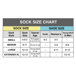 Sock sizing chart.  Available options for flat knit dress socks are medium and large.  Available in 9 colors, black, fuchsia, turquoise, purple, charcoal, navy, red, tan, or blush. Custom printed father of the bride wedding day socks.