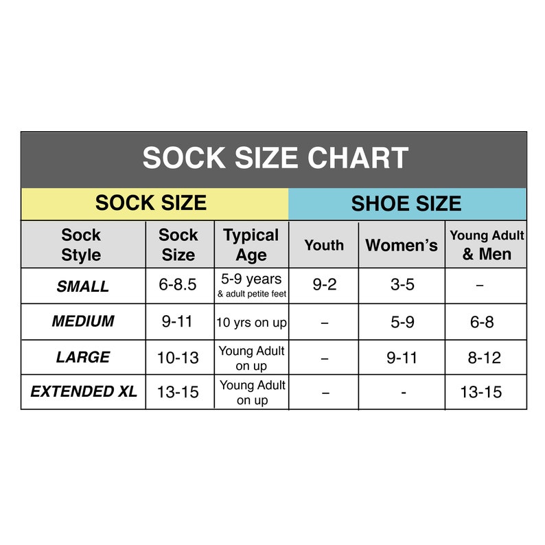 Sock sizing chart.  Available options for flat knit dress socks are medium and large.  Available in 9 colors, black, fuchsia, turquoise, purple, charcoal, navy, red, tan, or blush. Custom printed father of the bride wedding day socks.