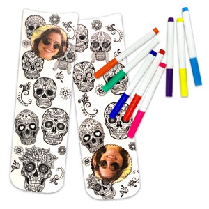 Custom printed designs you choose from to be digitally printed on crew socks personalized by adding your own photo available with coloring book designs to choose from includes free fabric markers.